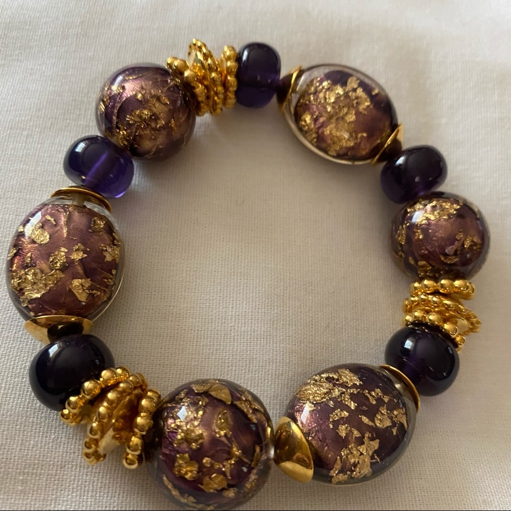 Beautiful Chunky Gold And Purple Stretch Bracelet